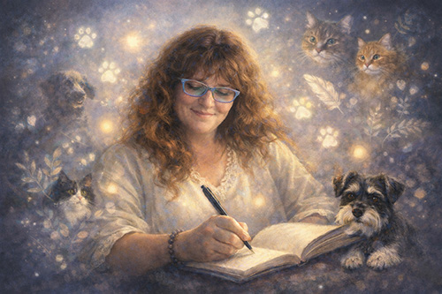 Two dogs with wings flying above the clouds