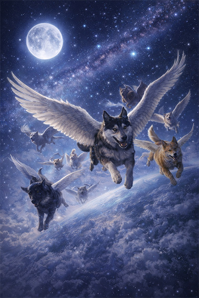 Wings pack of dogs soaring through the night sky